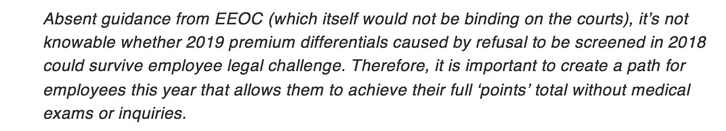 Pull quote from attorney Jonathan Zimmerman noting that absent EEOC guidance it is not knowable whether 2019 premium differentials for refusing screening could survive an employee legal challenge