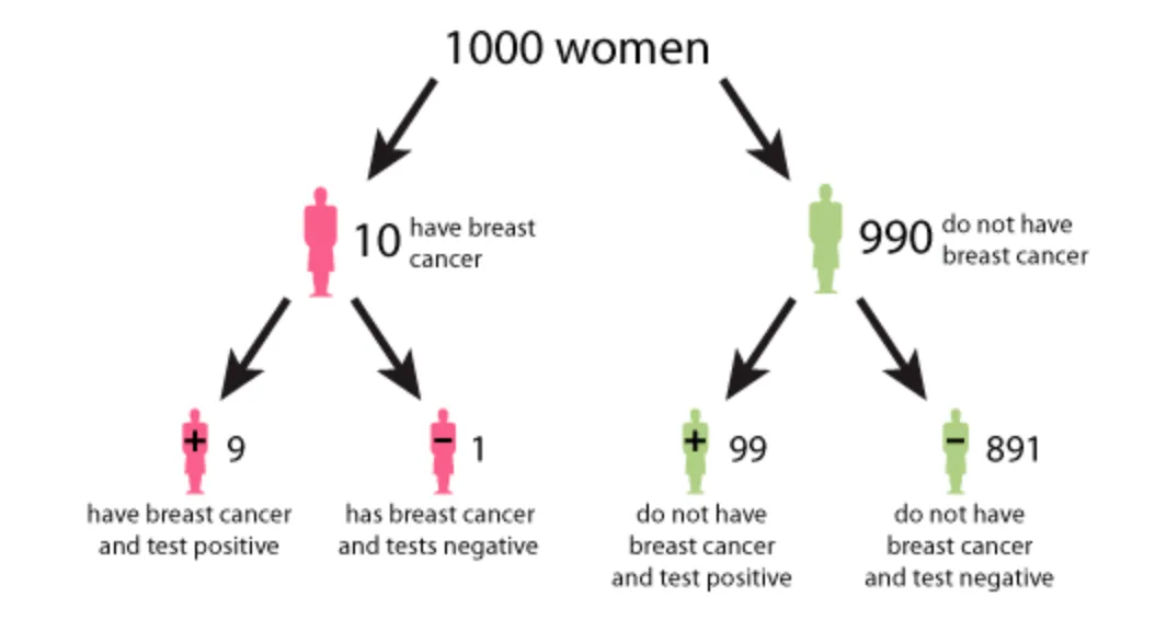 A tree diagram of 1,000 women showing how a breast-cancer screen yields far more false positives than true positives