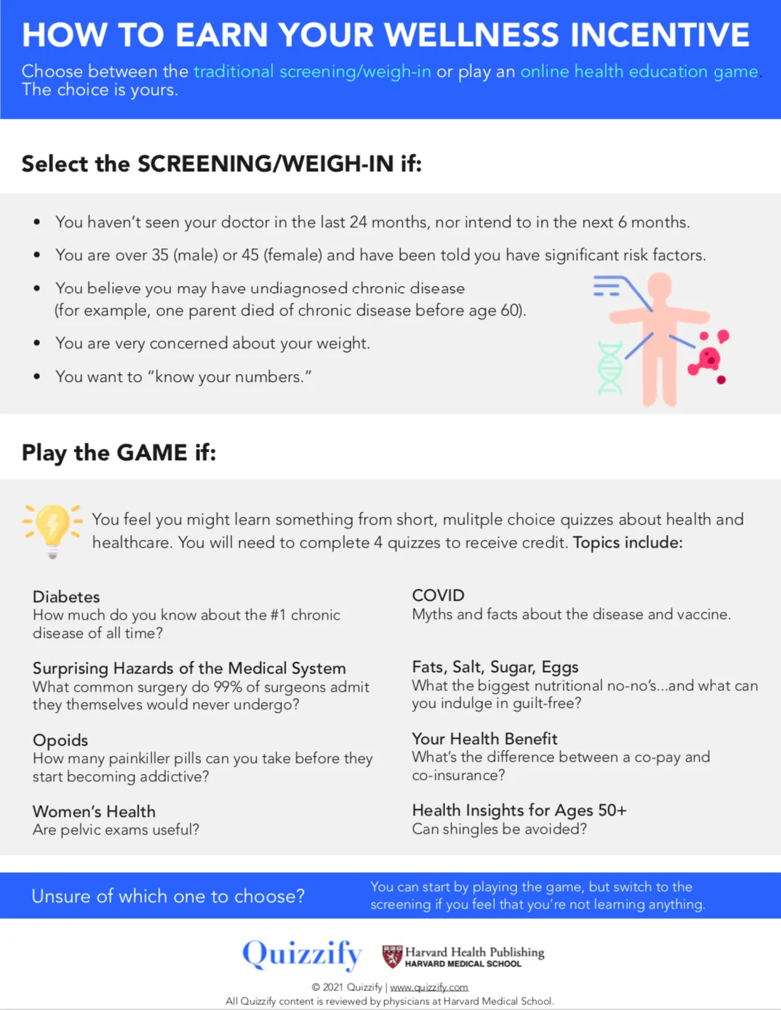 Quizzify and Harvard Health Publishing breakroom poster, "How to Earn Your Wellness Incentive," letting employees choose a screening/weigh-in or playing the health-education game