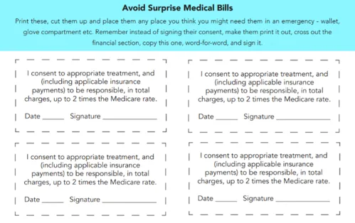 Quizzify "Avoid Surprise Medical Bills" printable sheet of four cut-out consent cards
