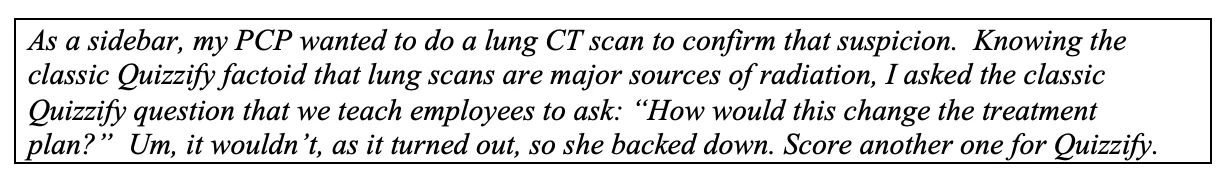 Quote in which the author asks the classic Quizzify question—"How would this change the treatment plan?"—and avoids an unnecessary lung CT scan
