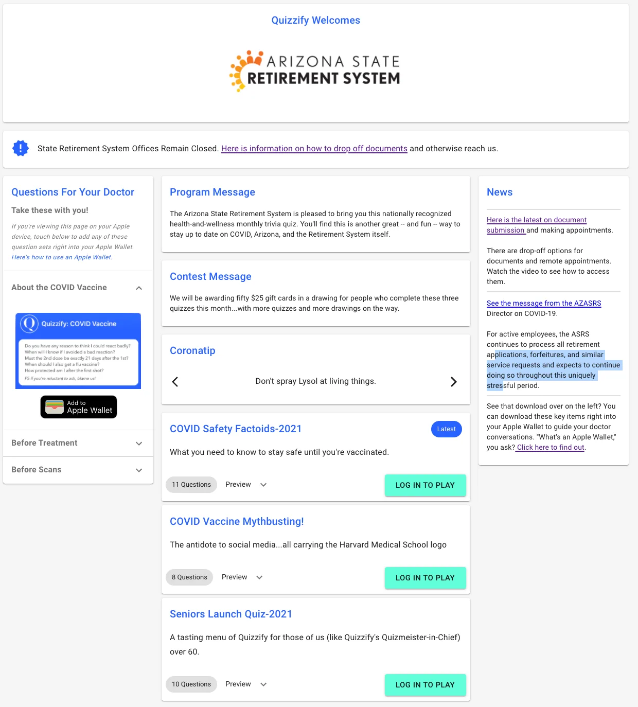 Screenshot of a Quizzify page customized for the Arizona State Retirement System, with COVID trivia quizzes, doctor-visit question sets, and program messages
