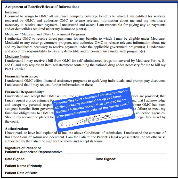 Hospital admission consent form with the Quizzify2Go prevent-consent sticker applied over the financial-responsibility clause