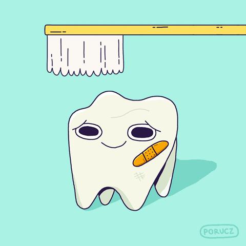 Animated cartoon of a smiling tooth wearing a bandage being brushed by a toothbrush