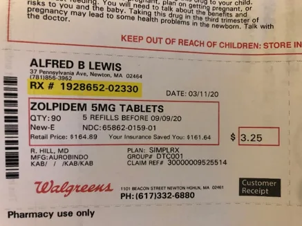 A Walgreens prescription label for zolpidem showing a $164.89 retail price and a $3.25 amount due after the Drexi discount