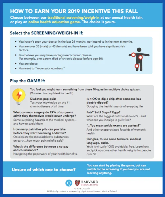 Harvard Medical School-reviewed Quizzify poster giving employees a choice between a screening/weigh-in and playing the online health-education game to earn their incentive