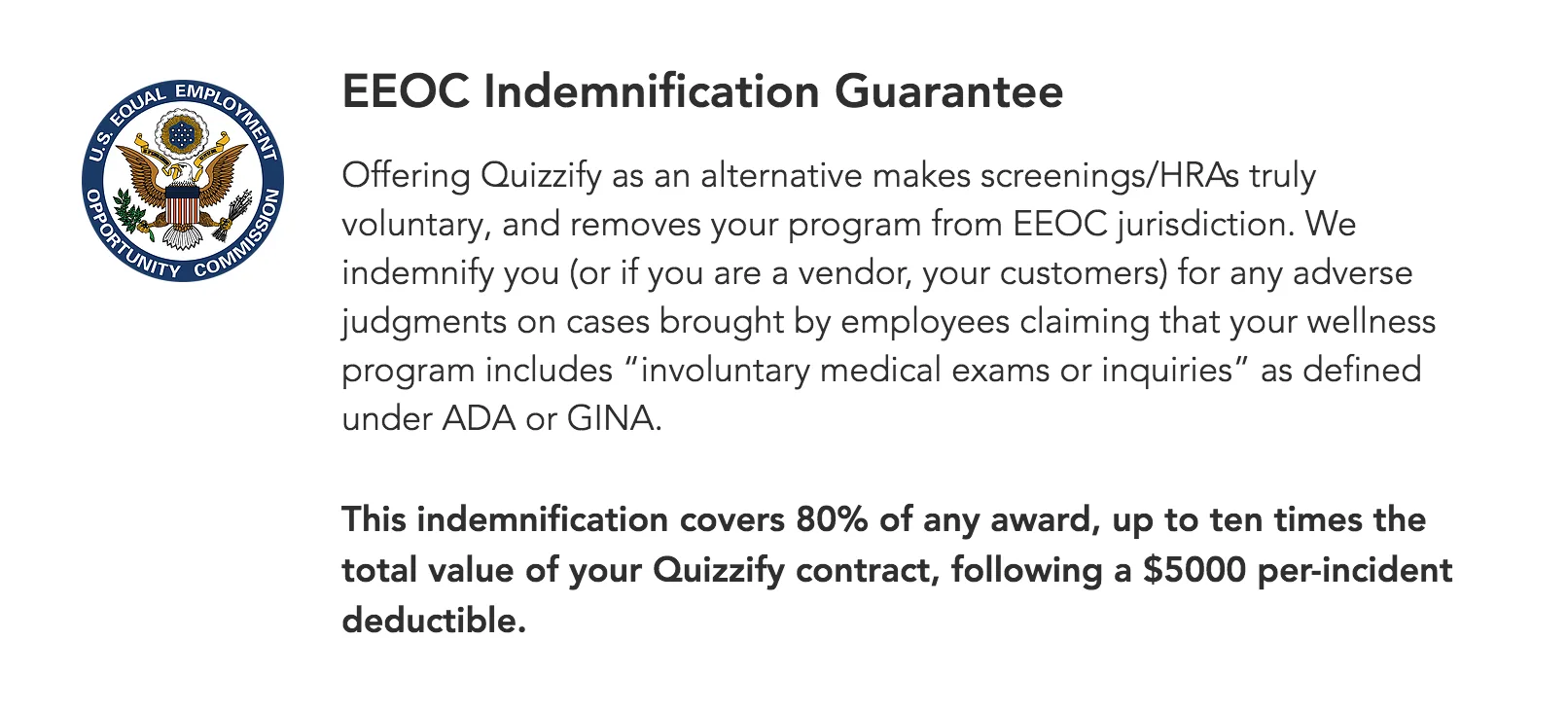 Quizzify EEOC Indemnification Guarantee, badged with the U.S. Equal Employment Opportunity Commission seal, covering 80% of any award up to ten times the contract value