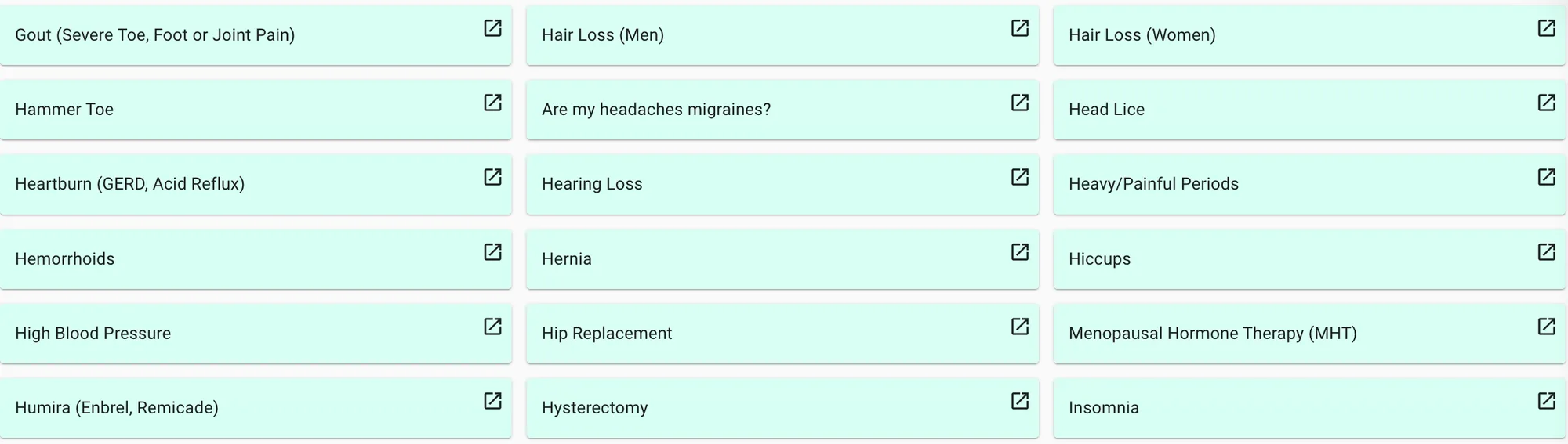 Grid of Quizzify PrepKit topics from Gout and Hair Loss to High Blood Pressure, Humira, and Insomnia, each opening in a new window