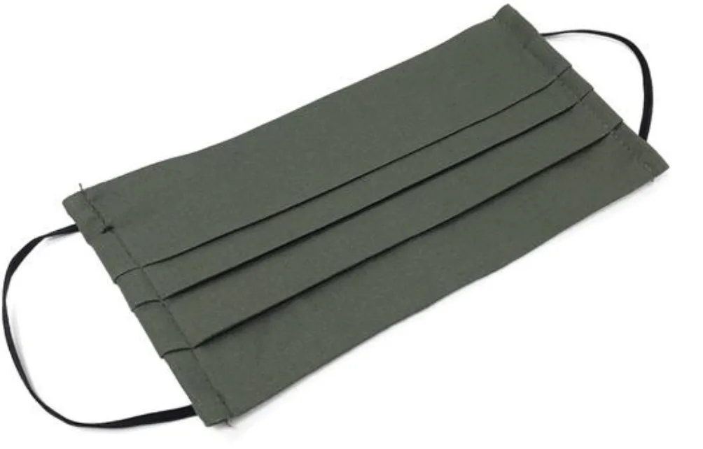 A pleated olive-green cotton cloth face mask with elastic ear loops