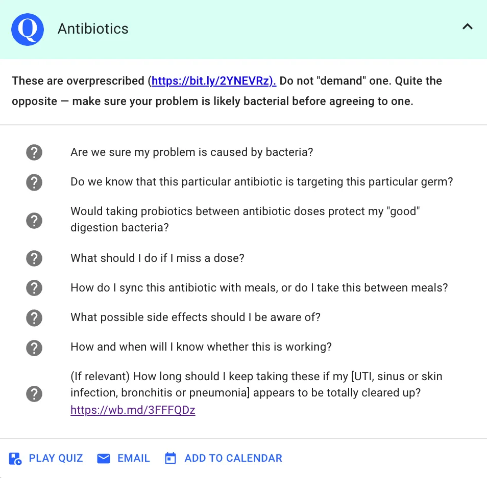 Quizzify2Go doctor-visit prep example on antibiotics, with cited sources, a link to the matching quiz, and an add-to-calendar button