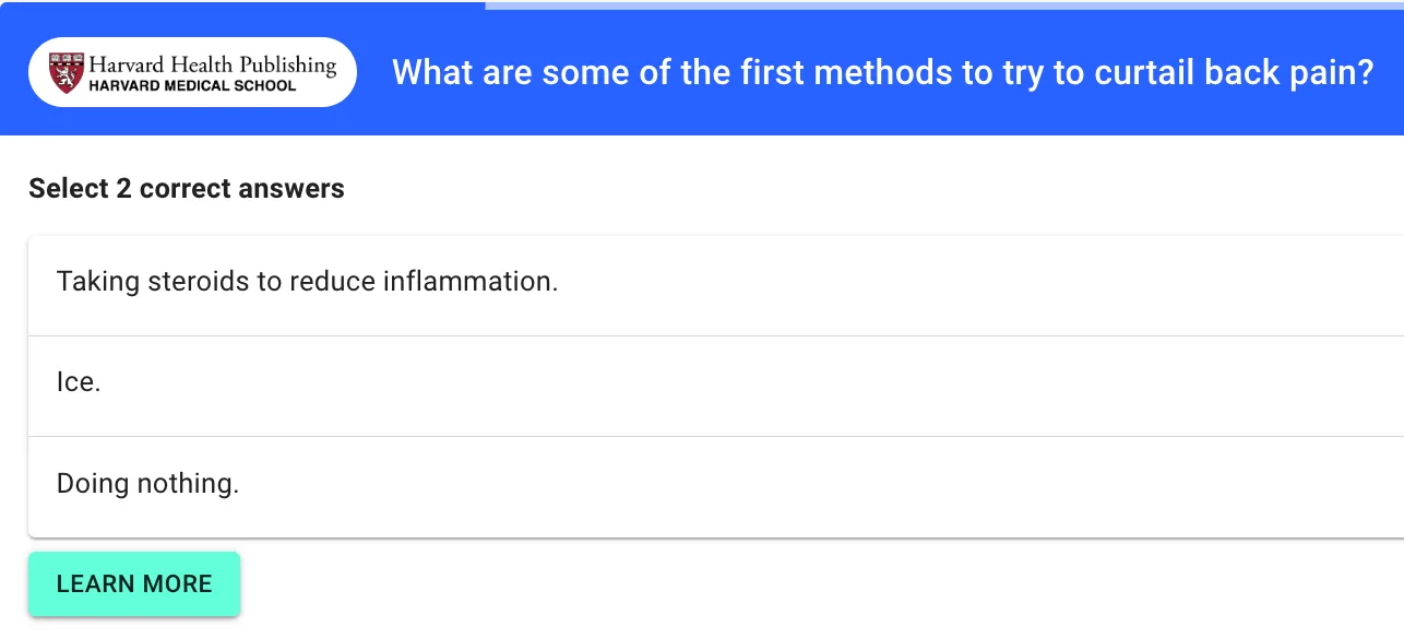 Harvard-badged Quizzify quiz question, "What are some of the first methods to try to curtail back pain?", with a "Select 2 correct answers" prompt and a Learn More button