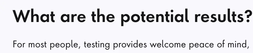 Marketing text headed "What are the potential results?" describing prenatal testing as providing peace of mind