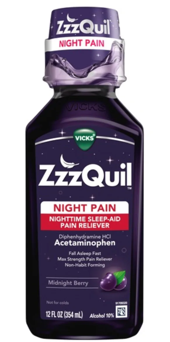 A purple bottle of Vicks ZzzQuil Night Pain, a combined nighttime sleep-aid and pain reliever