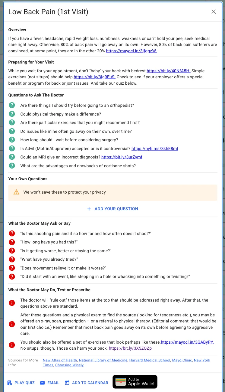 Full "Low Back Pain (1st Visit)" PrepKit: overview, questions to ask the doctor, what the doctor may ask, and what the doctor may do, with cited sources