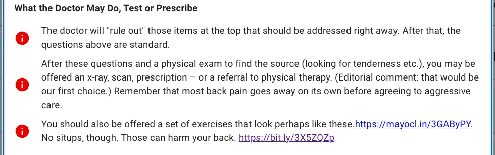 PrepKit "What the Doctor May Do, Test or Prescribe" section for back pain, advising against rushing into aggressive care and linking to exercise guidance