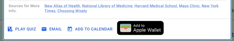 PrepKit footer with cited sources (Harvard Medical School, Mayo Clinic, New York Times, and more) and Play Quiz, Email, Add to Calendar, and Apple Wallet buttons