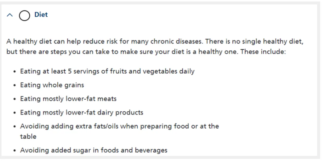 Health risk assessment's diet checklist recommending fruits and vegetables, whole grains, lower-fat meats and dairy, and avoiding added fats and sugar