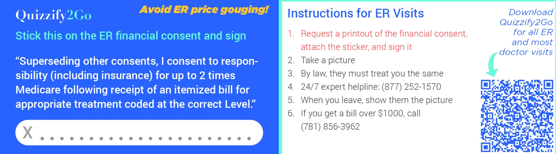 Quizzify2Go ER wallet card with the "Prevent Consent" sign-here language and a numbered list of instructions for an ER visit