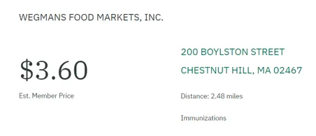 Drexi price-comparison screenshot listing zolpidem at a $3.60 estimated member price at a Wegmans pharmacy