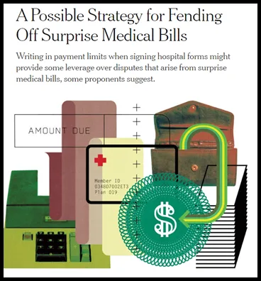 Editorial collage illustrating a strategy for fending off surprise medical bills by writing payment limits onto hospital forms