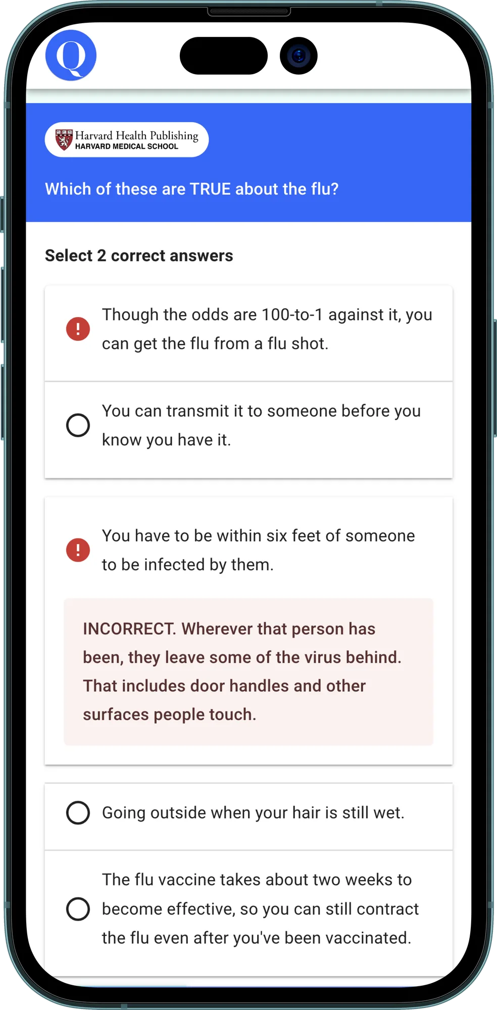 A Quizzify quiz on a phone asking which statements about the flu are true, with a Harvard Medical School–reviewed teaching moment behind an answer.