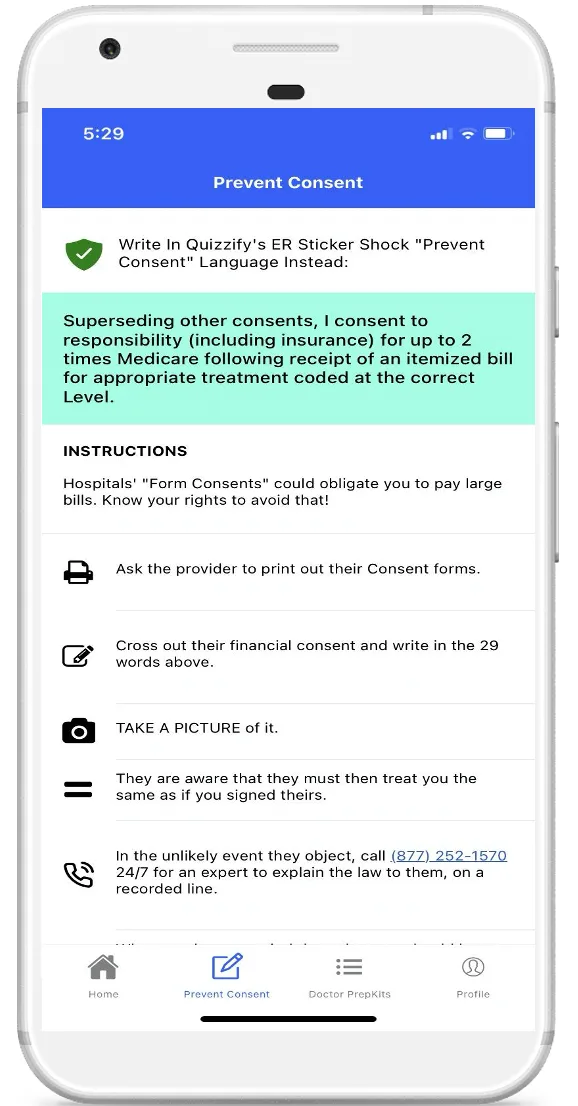 The Quizzify2Go phone app Prevent Consent screen showing the ER consent language and step-by-step instructions