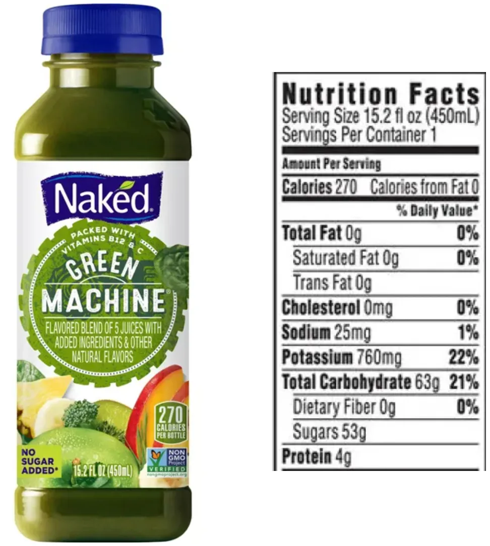 Bottle of Naked Green Machine juice beside its nutrition facts label showing 270 calories and 53g of sugar per bottle