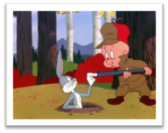 Cartoon of a hunter aiming a shotgun at a rabbit peeking from a hole, playing on "don't shoot the messenger"