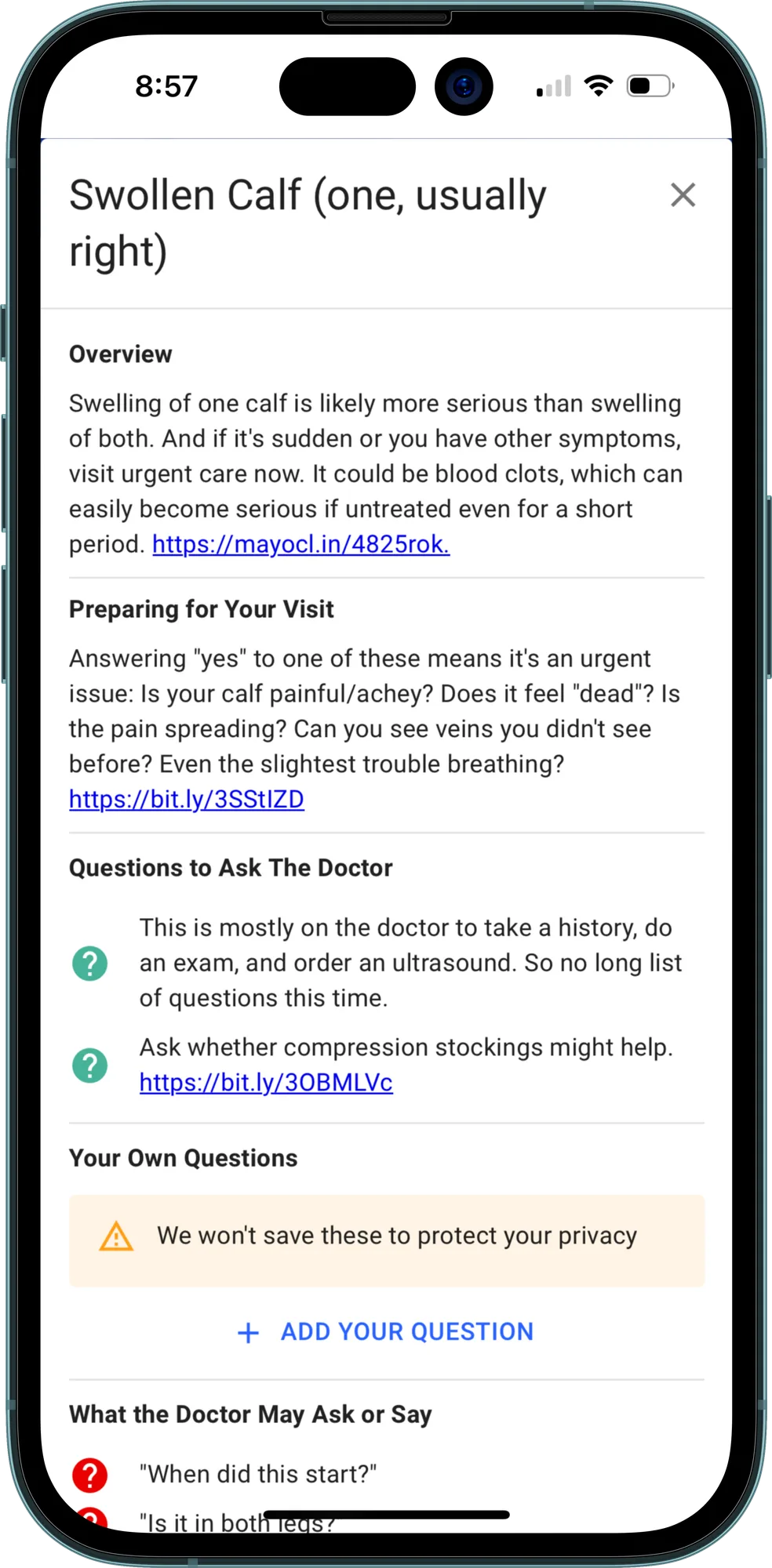 Quizzify2Go app screen on a phone explaining a swollen calf, urging urgent care because it could be a blood clot, with questions to ask the doctor