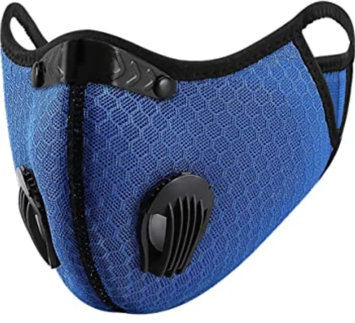 A blue neoprene sport face mask with two one-way exhalation valves