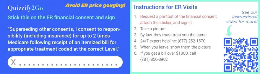 Quizzify2Go ER financial-consent wallet sticker with instructions and a QR code for ER visits