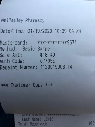 A Wellesley Pharmacy receipt showing an $18.40 charge for the same generic sleep medication