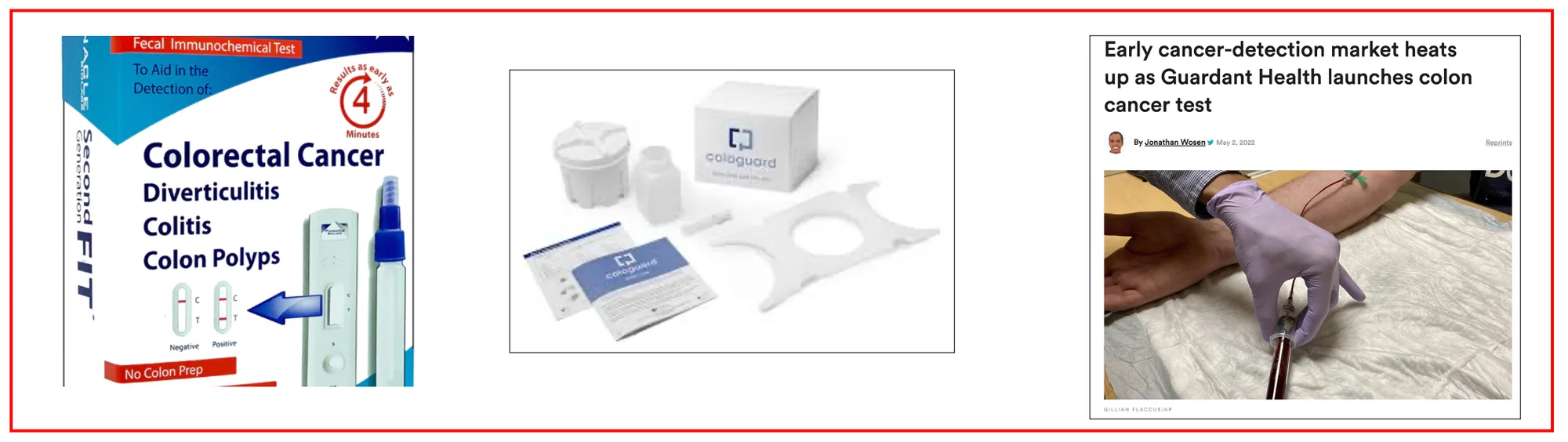 Non-invasive colon screening options: a rapid FIT test kit, a Cologuard stool-collection kit, and a headline about Guardant Health's blood-based colon cancer test