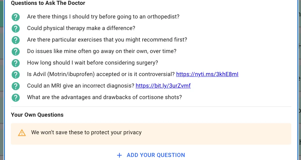 PrepKit "Questions to Ask The Doctor" list for back pain, including whether physical therapy could help and whether an MRI could give an incorrect diagnosis