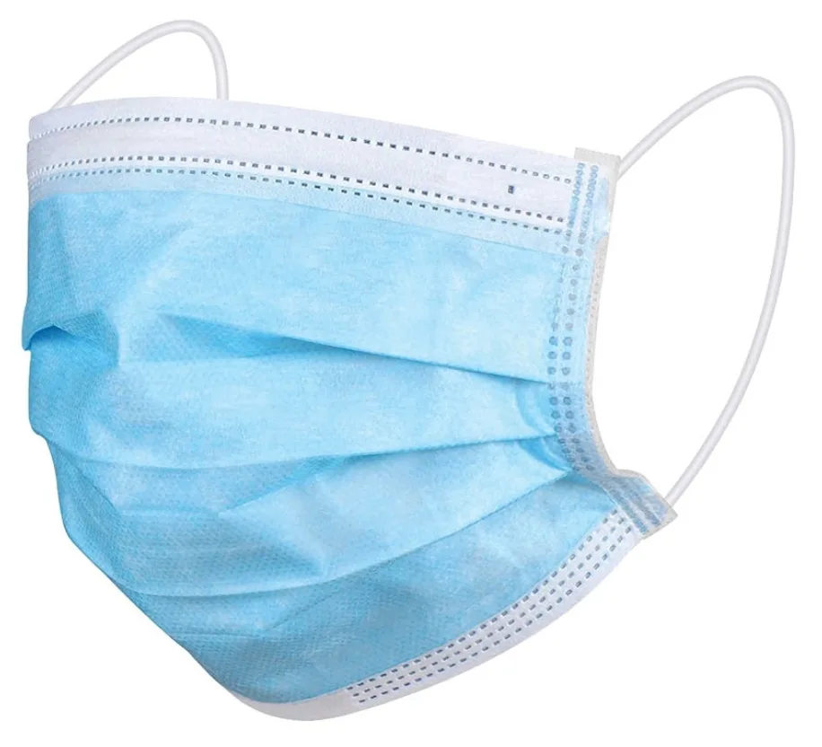 A blue disposable three-ply surgical face mask